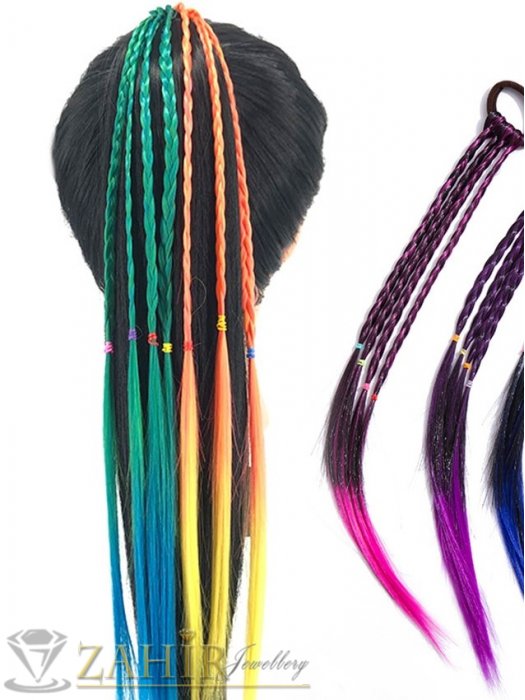 Аксесоари за коса - 4 бр. плитки на ластик от синтетична коса в оранжево и лилаво, дължина 40 см, носят се на опашка - KP1012